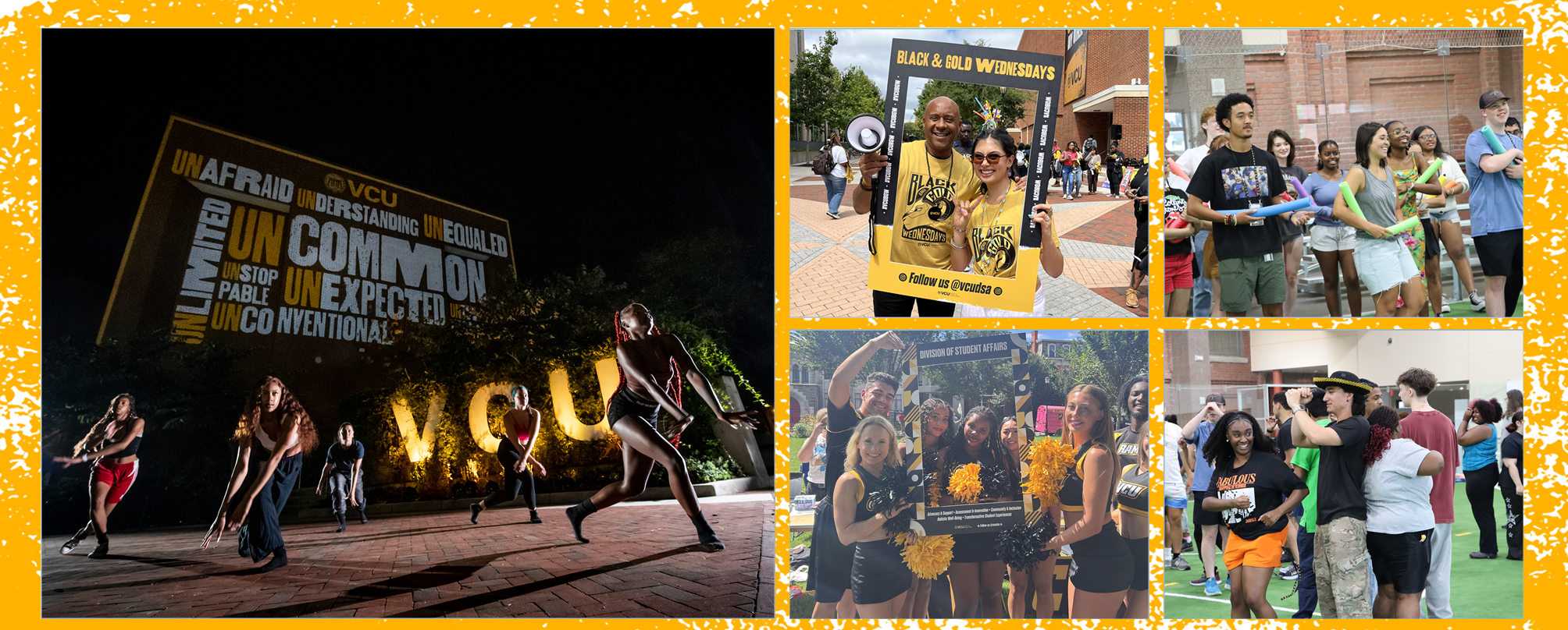 5 images bandgoldwednesday, sovofair, mcv campus, students dancing uncommon sign