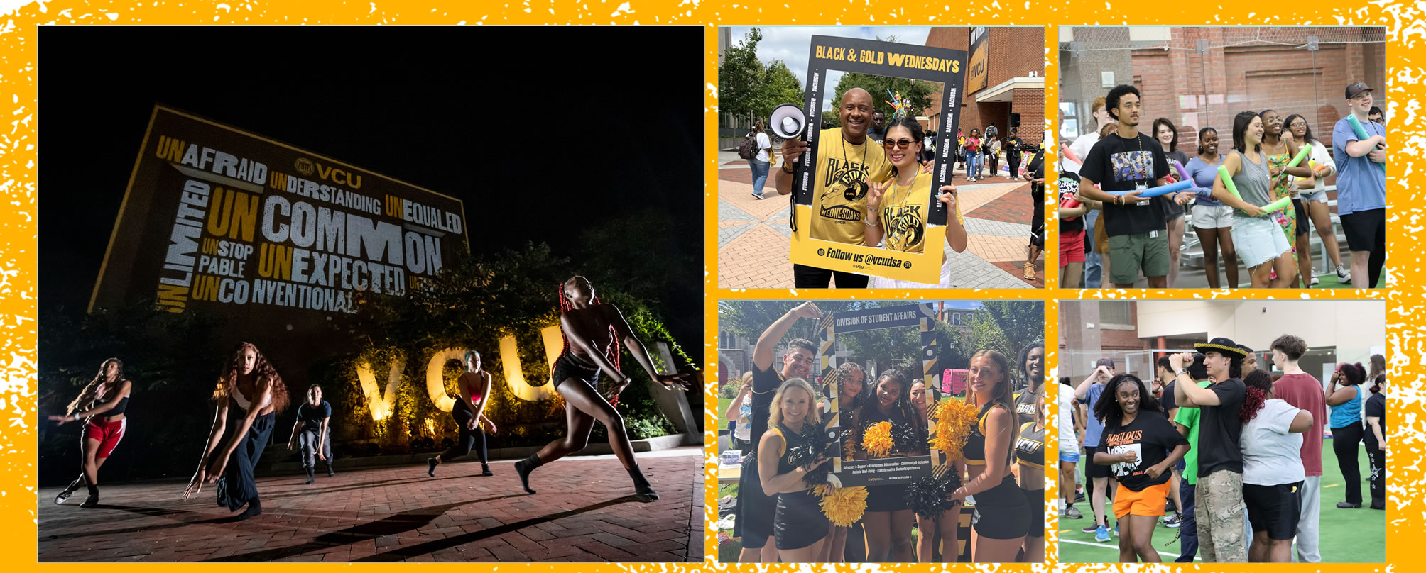 5 images bandgoldwednesday, sovofair, mcv campus, students dancing uncommon sign