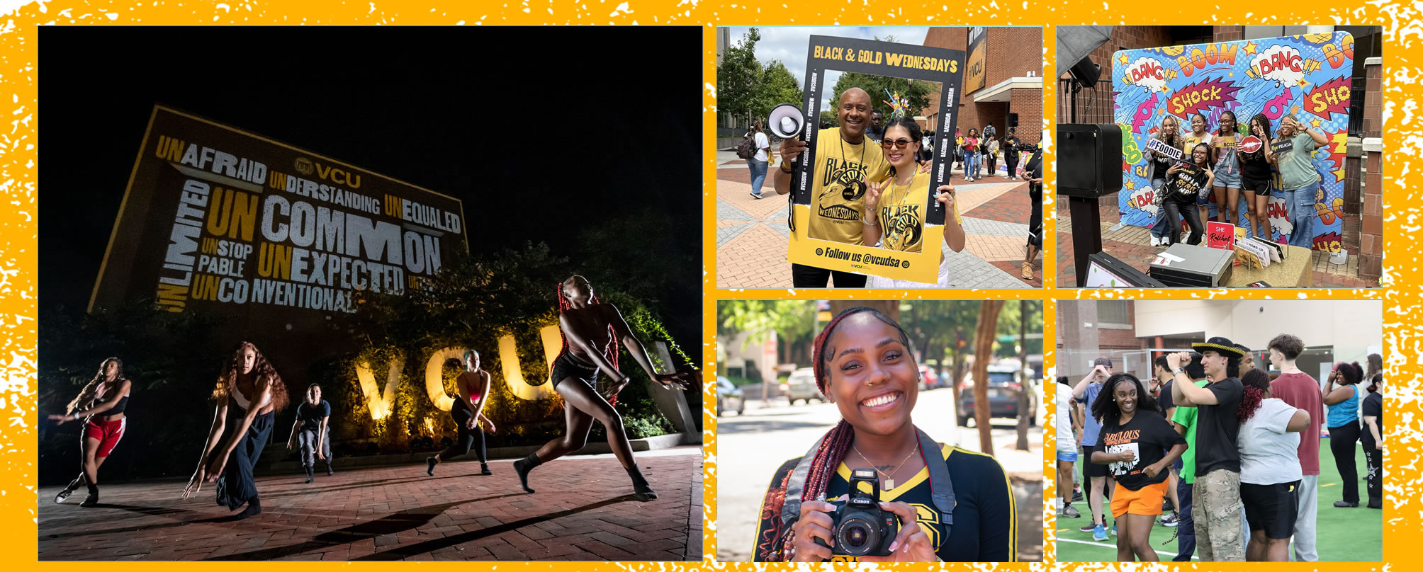 5 images bandgoldwednesday, sovofair, mcv campus, students dancing uncommon sign